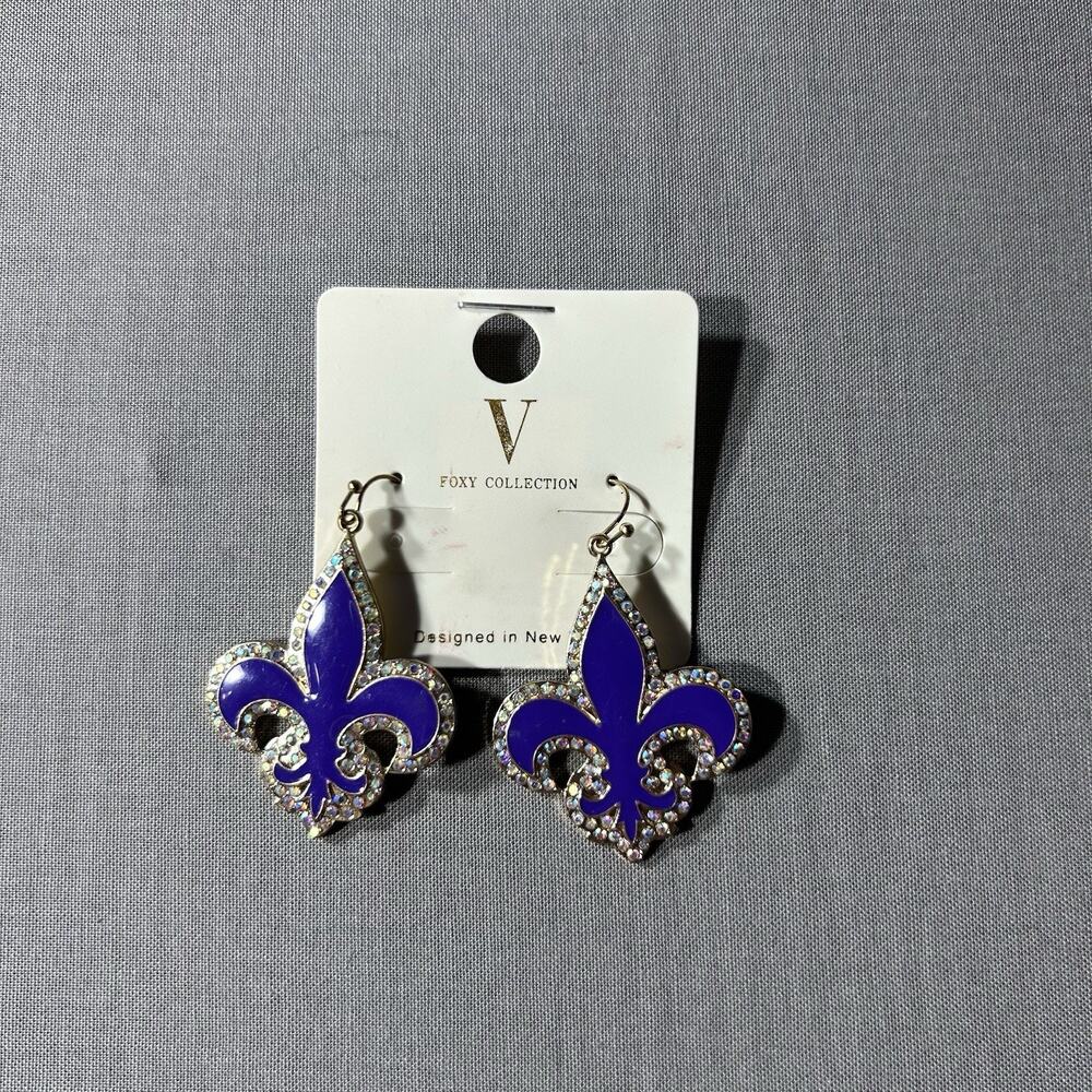 Foxy Collection Purple Fleur de Lis Rhinestone Drop Earrings